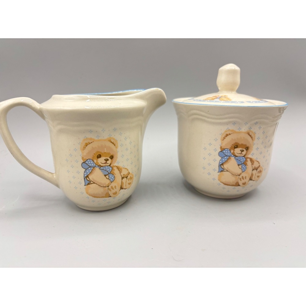 Tienshan Stoneware Teddy Bear Creamer Lidded Sugar Bowl Set Blue Bows Vintage